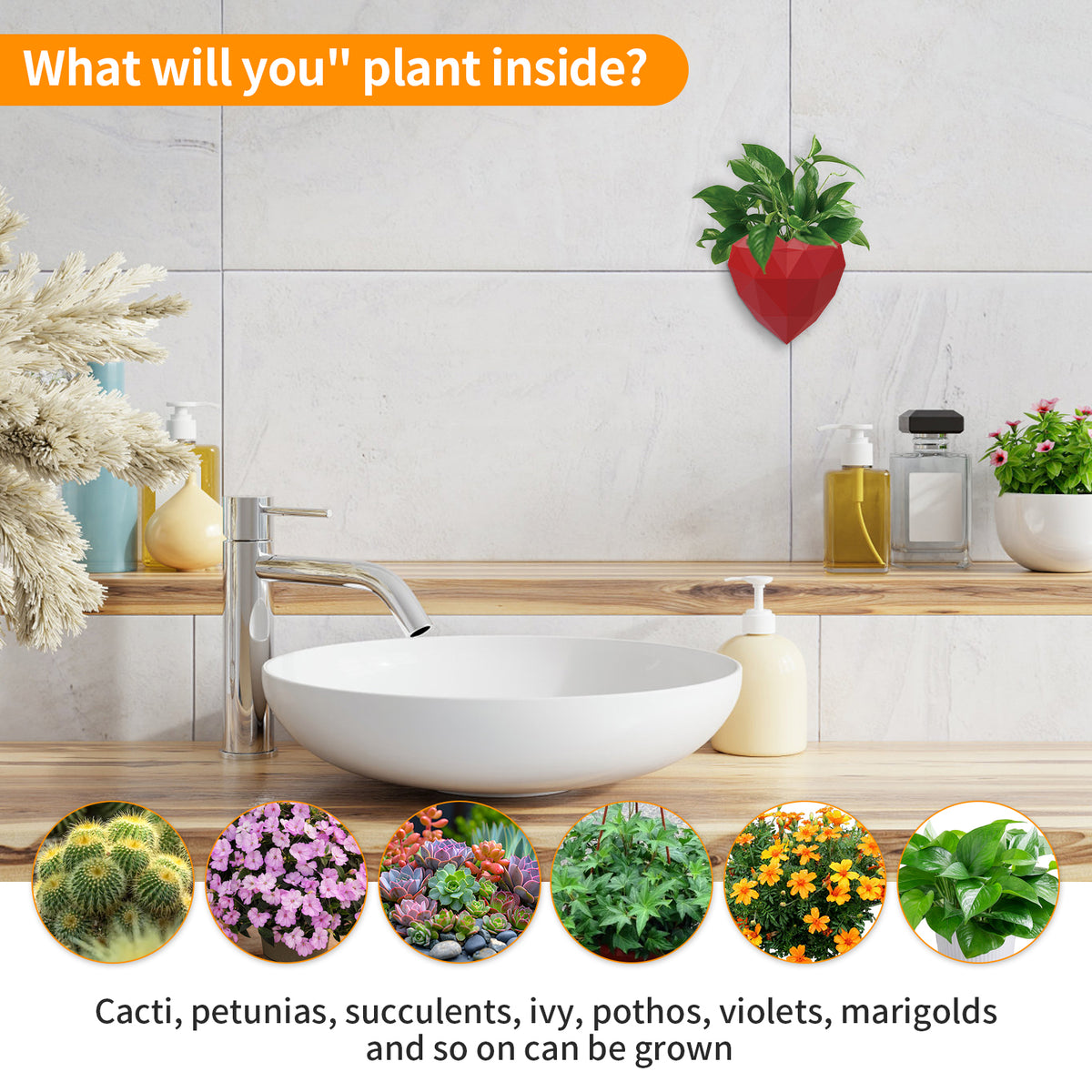 No-Drill 3D-Printed Wall Planter with Drip Tray – Red