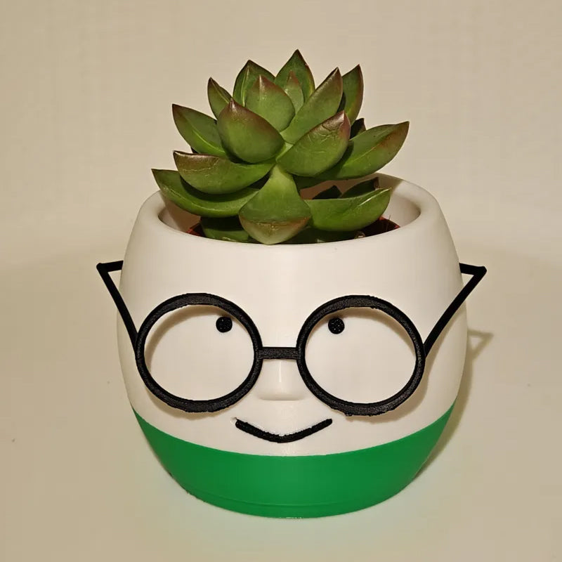 3D-Printed Planter with Glasses – White and Blue
