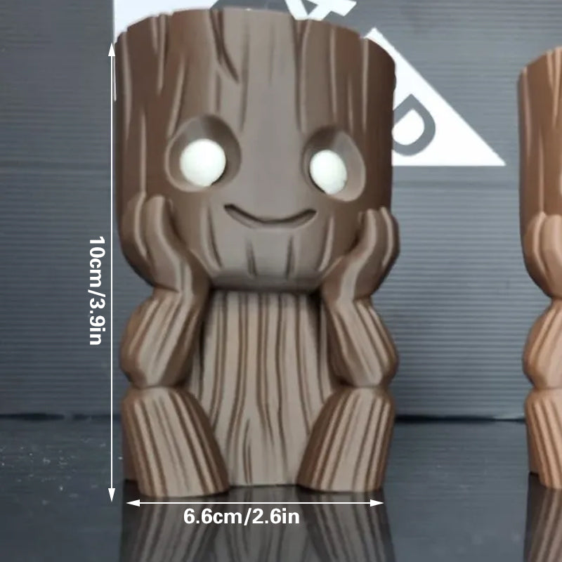 3D-Printed Smiley Wood-Grain Mini Planter – Brown