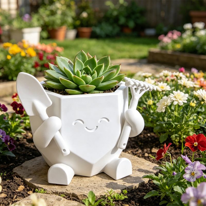 3D-Printed Smiling Gardener Planter – White