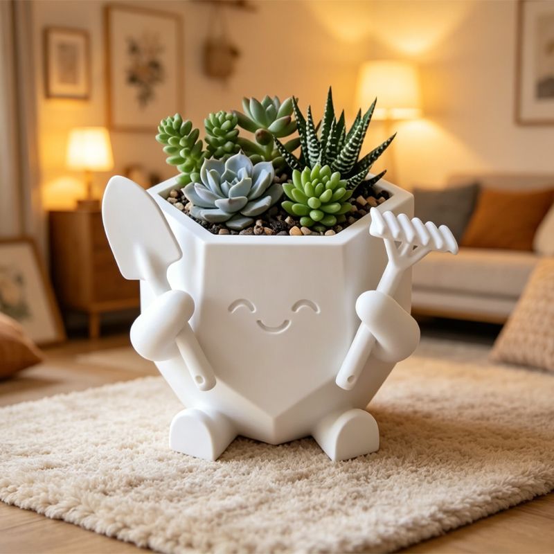 3D-Printed Smiling Gardener Planter – White