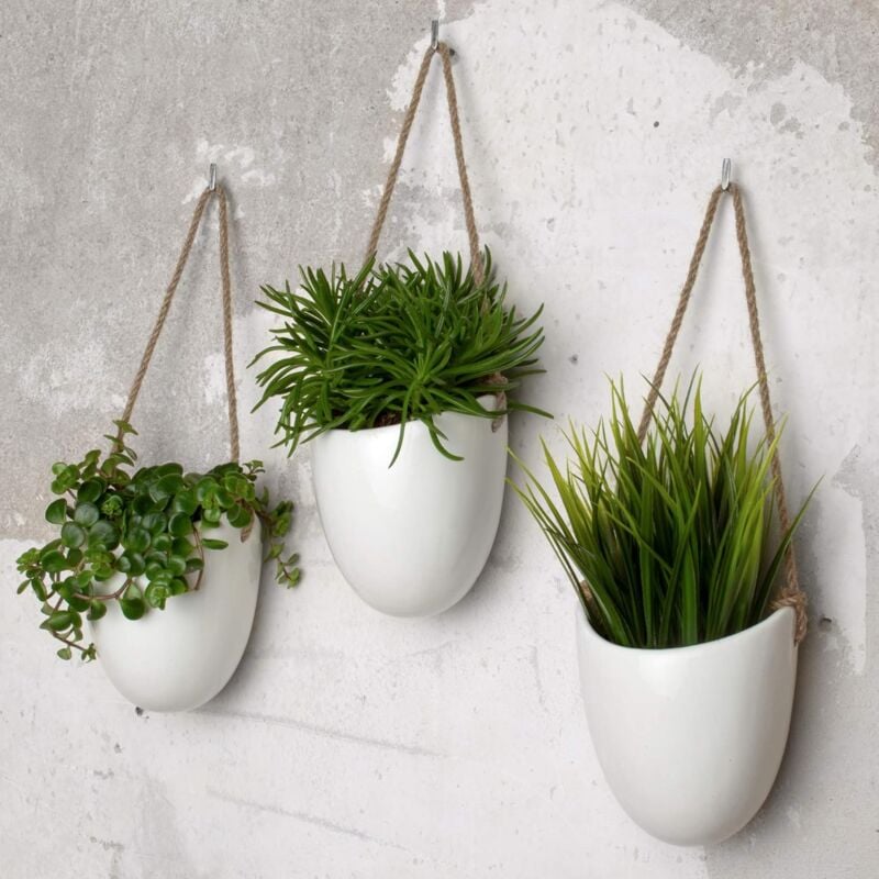 White Ceramic Wall Hanging Pots with Hangers – Set of 3
