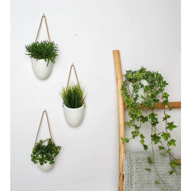 White Ceramic Wall Hanging Pots with Hangers – Set of 3