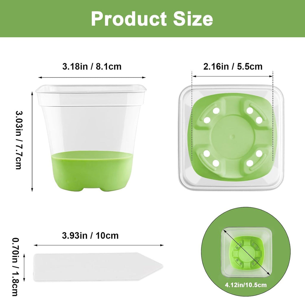 Clear Square Seedling Pots with Silicone Base, 10 cm – 12 Pack with 36 Labels