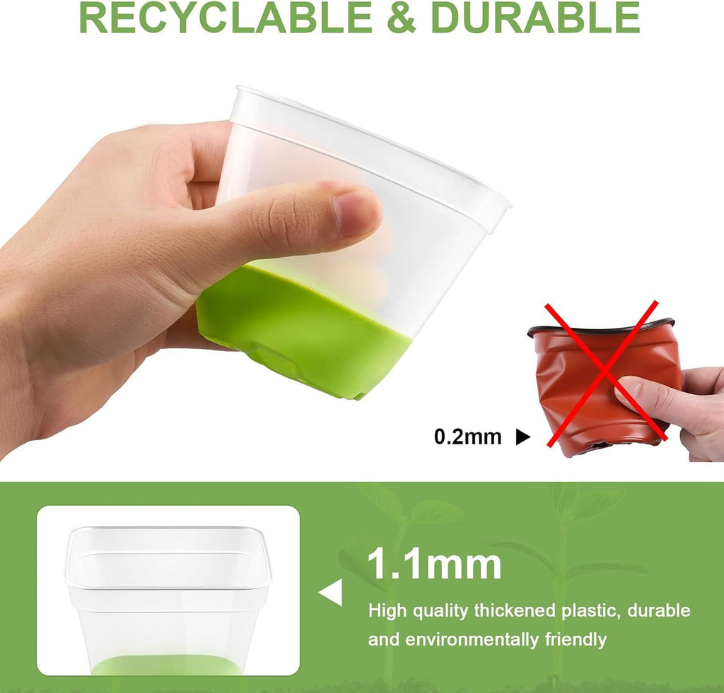 Clear Square Seedling Pots with Silicone Base, 10 cm – 12 Pack with 36 Labels