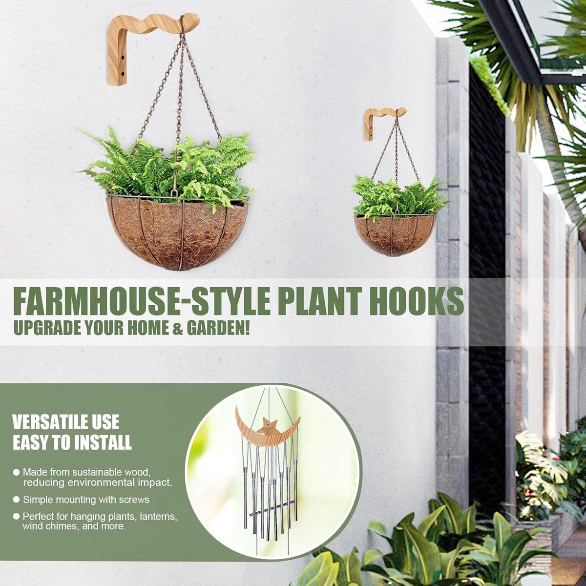 Wooden Wave Wall Hooks for Hanging Plants, 17 cm – Pack of 2