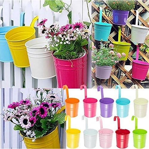 Metal Hanging Bucket Pots with Hooks, 10 cm – Pack of 10, Mixed Colours