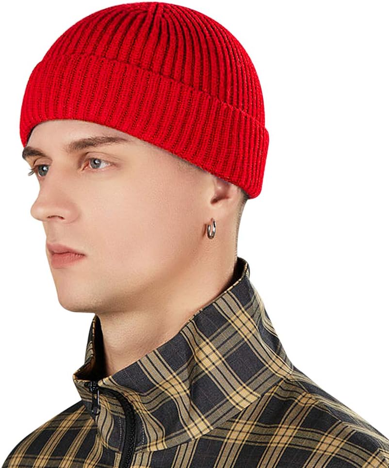 Short Fisherman Beanie, Knit Cuff Winter Hat