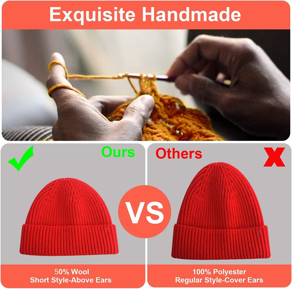 Short Fisherman Beanie, Knit Cuff Winter Hat