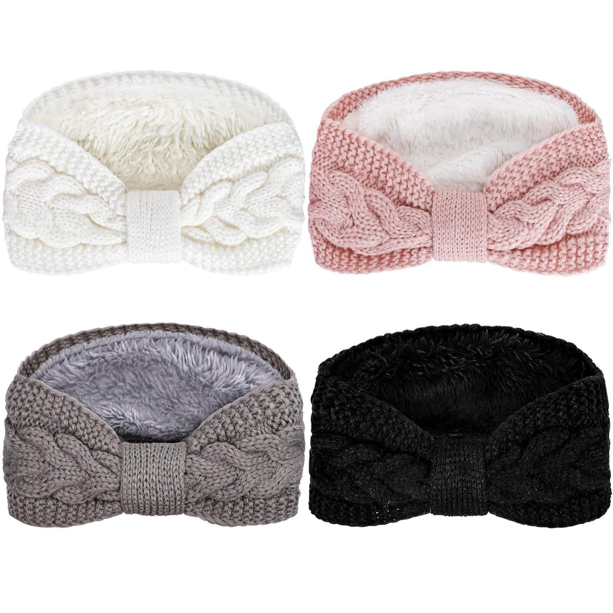 Twisted Knit Winter Headbands, Fleece Lined – Pack of 4