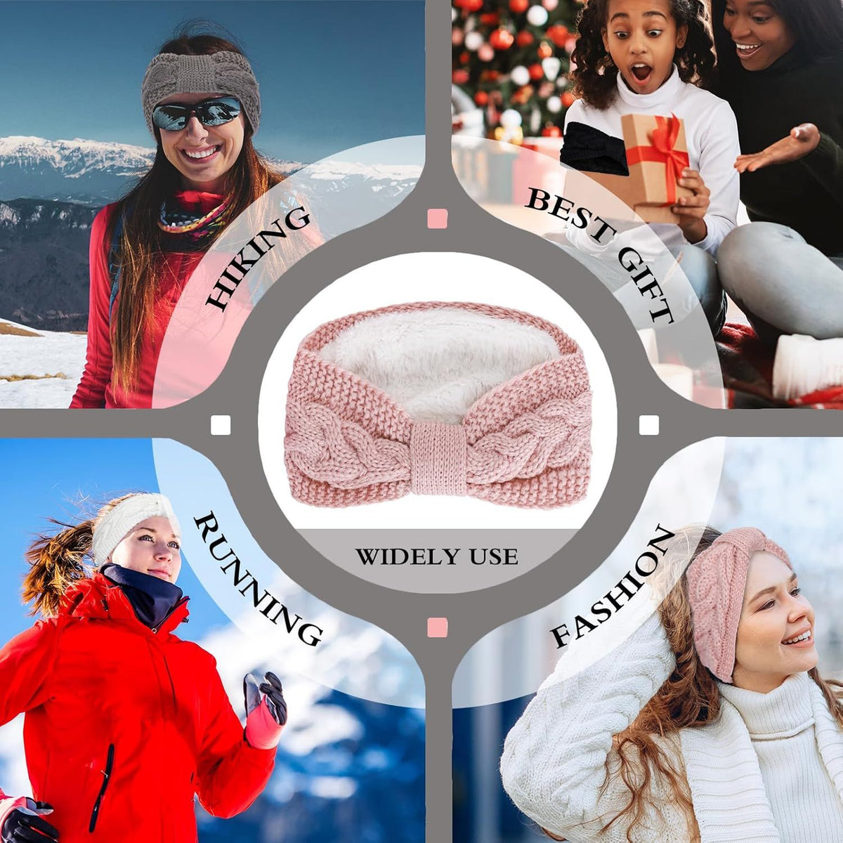 Twisted Knit Winter Headbands, Fleece Lined – Pack of 4