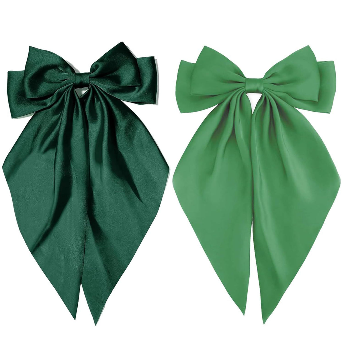 Green Satin Long-Tail Hair Bow Clip, Oversized