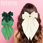 Green Satin Long-Tail Hair Bow Clip, Oversized