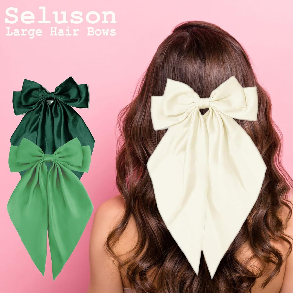 Green Satin Long-Tail Hair Bow Clip, Oversized
