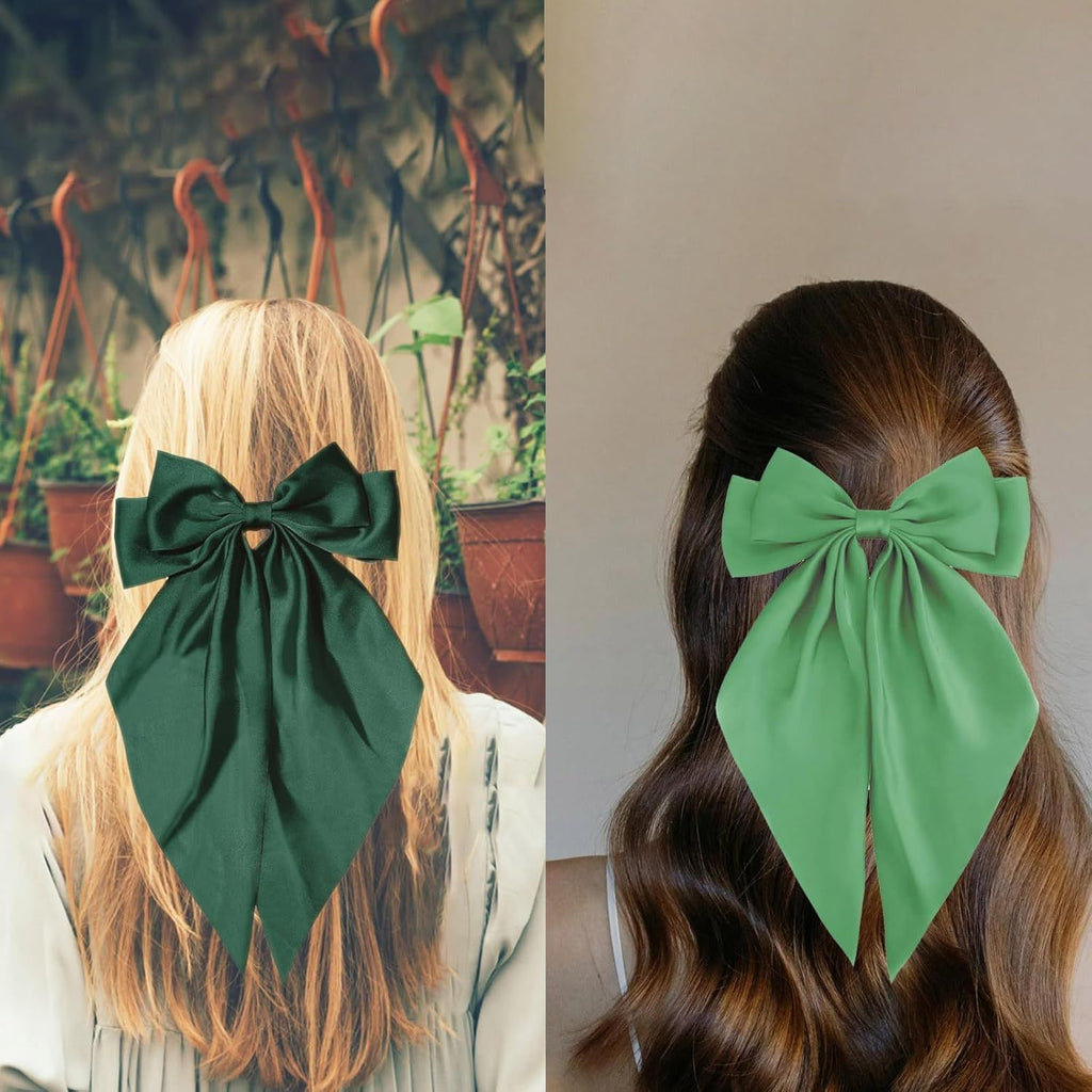Green Satin Long-Tail Hair Bow Clip, Oversized