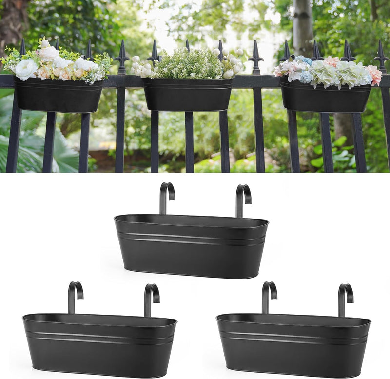 Metal Railing Planters with Detachable Hooks, 40 cm – Pack of 3, Black