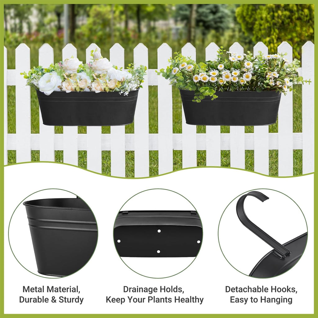 Metal Railing Planters with Detachable Hooks, 40 cm – Pack of 3, Black