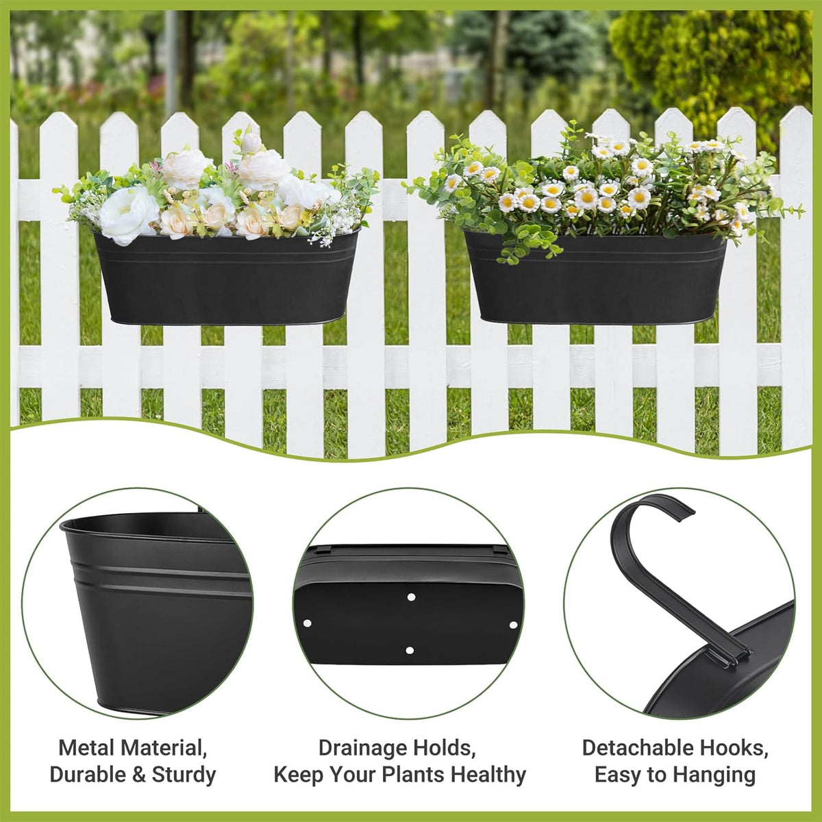 Metal Railing Planters with Detachable Hooks, 40 cm – Pack of 3, Black