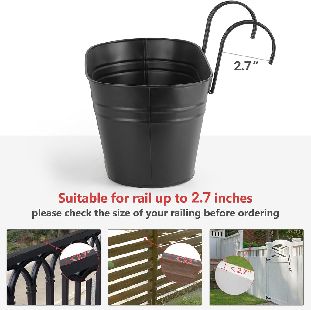 Metal Railing Planters with Detachable Hooks, 40 cm – Pack of 3, Black