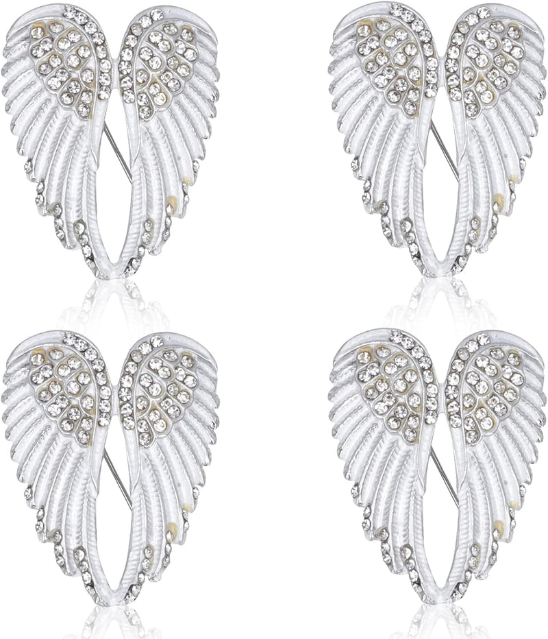 Angel Wing Rhinestone Brooch Pins, White – Set of 4