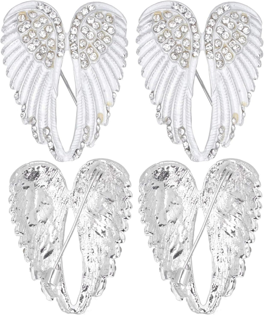 Angel Wing Rhinestone Brooch Pins, White – Set of 4
