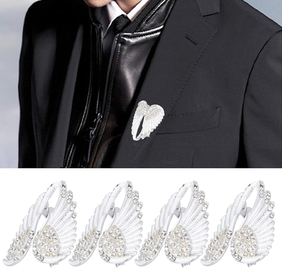 Angel Wing Rhinestone Brooch Pins, White – Set of 4