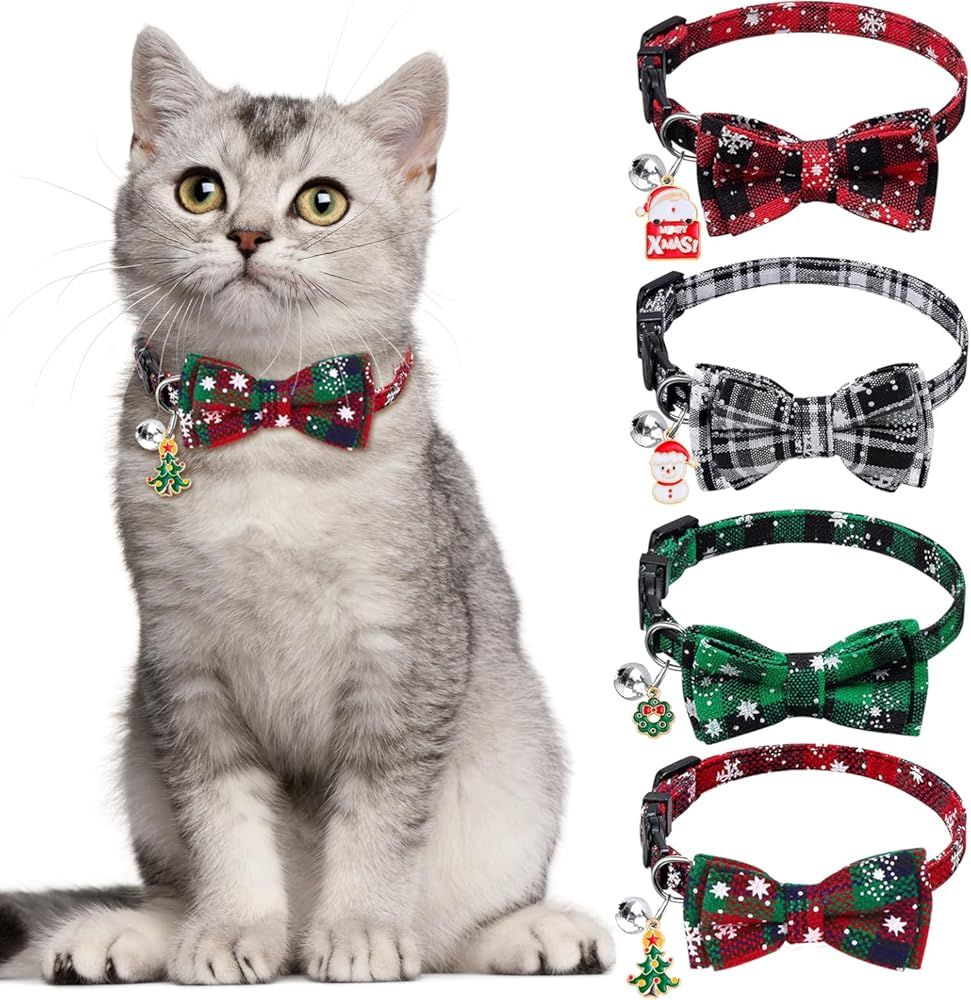 Christmas Cat Collars with Breakaway Bow Tie & Bell – Pack of 4