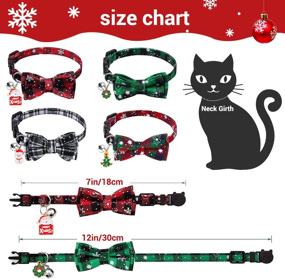Christmas Cat Collars with Breakaway Bow Tie & Bell – Pack of 4