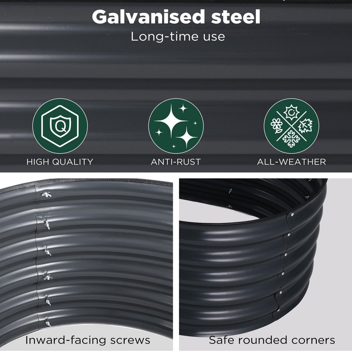 Oval Galvanised Steel Raised Garden Bed, 160 x 80 x 42 cm