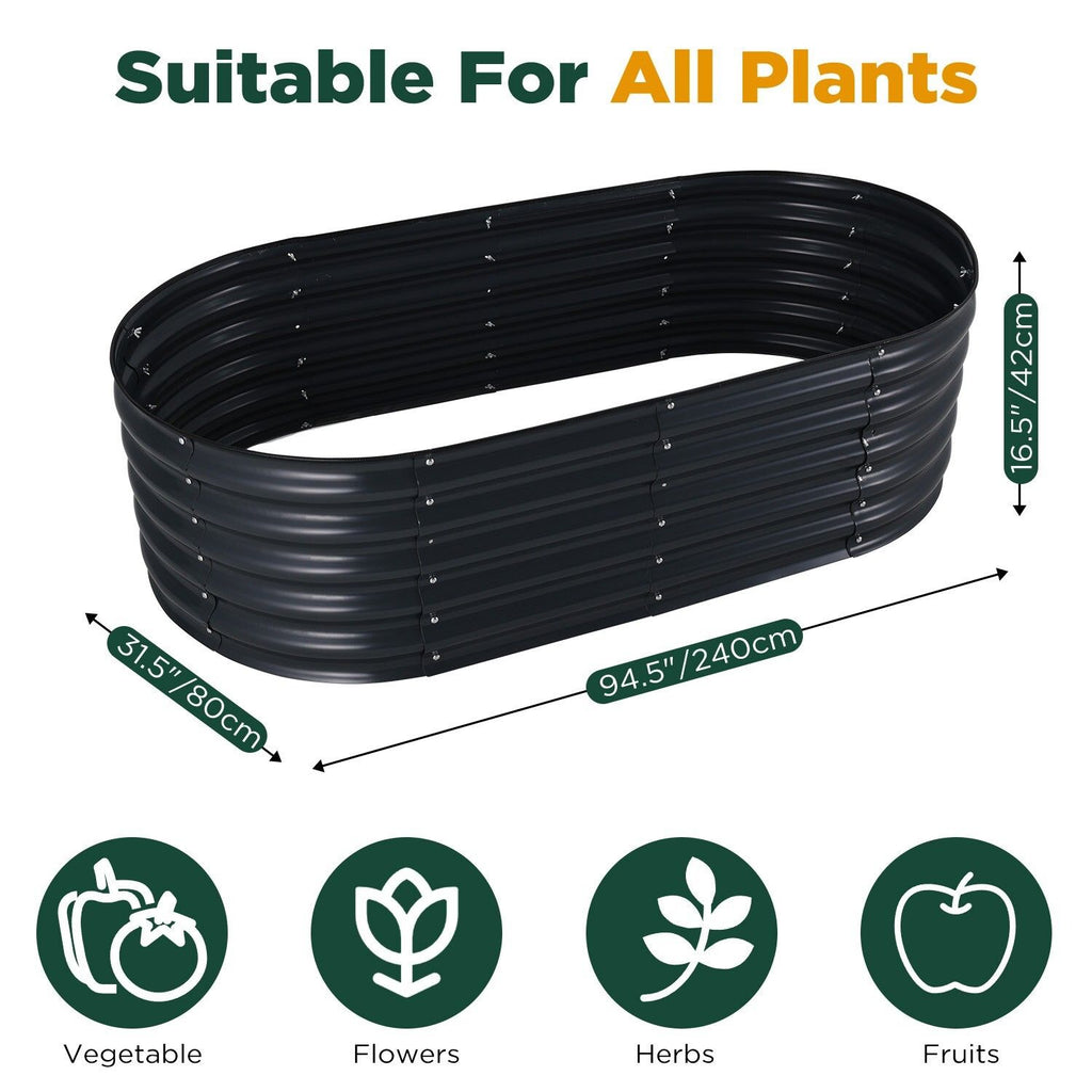 Oval Galvanised Steel Raised Garden Bed, 240 x 80 x 42 cm