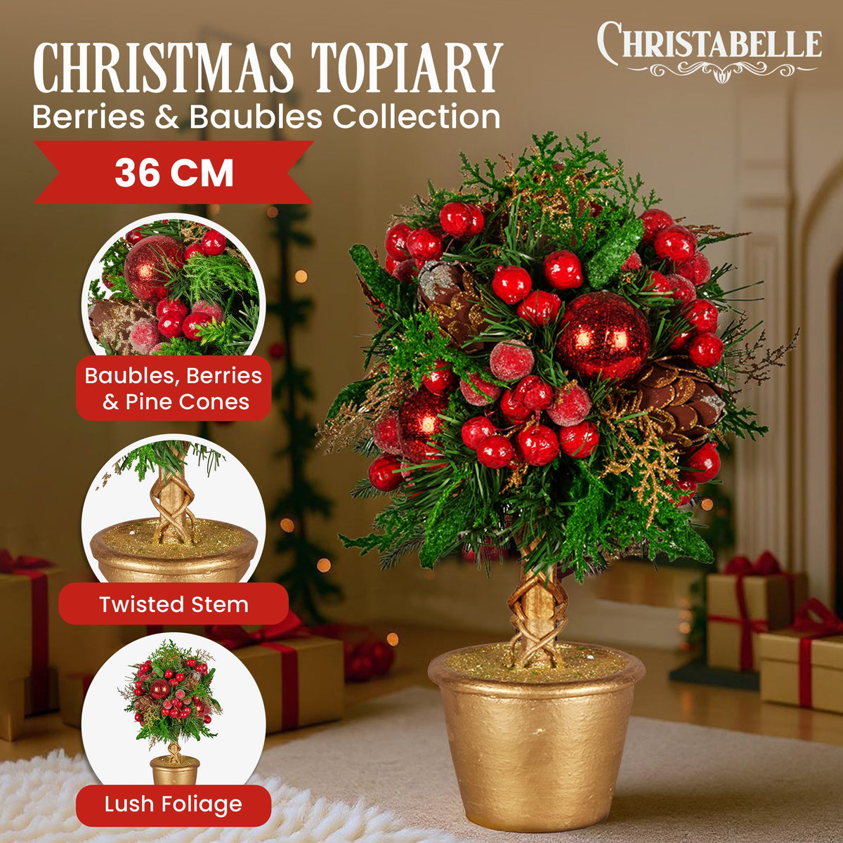 Pre-Decorated Christmas Topiary Tree, 36 cm Gold Pot – Christabelle