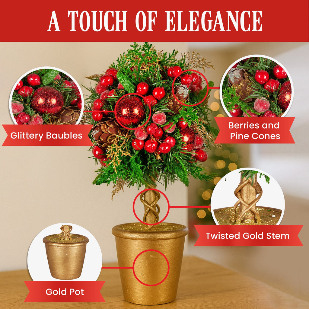 Pre-Decorated Christmas Topiary Tree, 36 cm Gold Pot – Christabelle