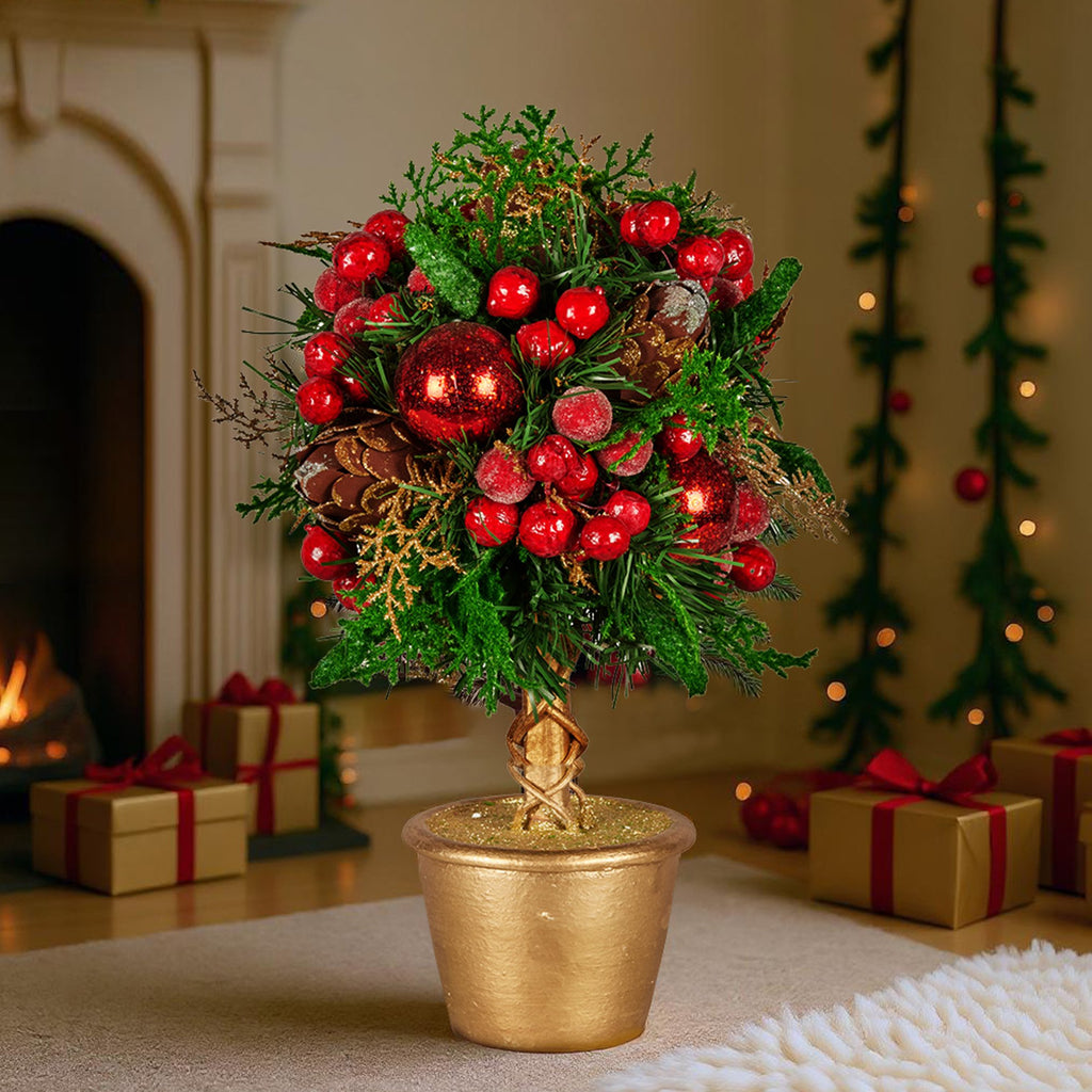 Pre-Decorated Christmas Topiary Tree, 36 cm Gold Pot – Christabelle