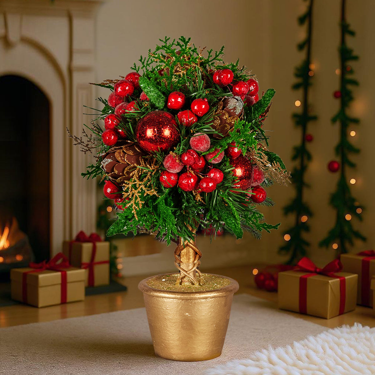 Pre-Decorated Christmas Topiary Tree, 36 cm Gold Pot – Christabelle