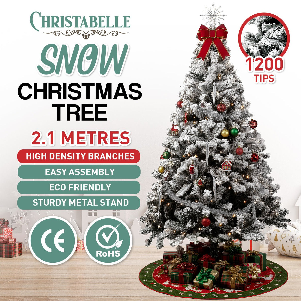 Snow-Tipped Artificial Christmas Tree, 2.1 m with 1200 Tips – Christabelle