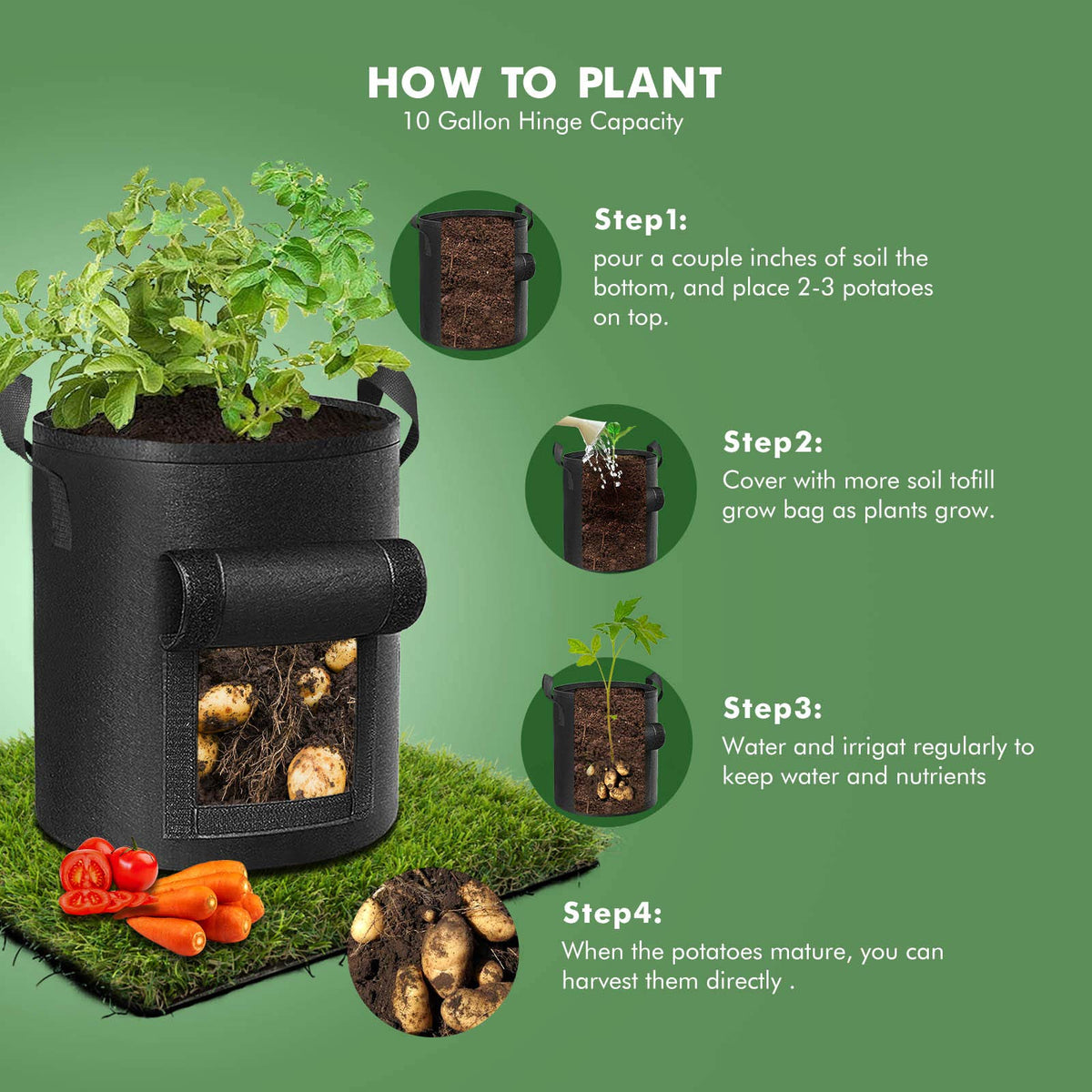 7 Gallon Potato Grow Bags with Handles, 5 Pack – Black