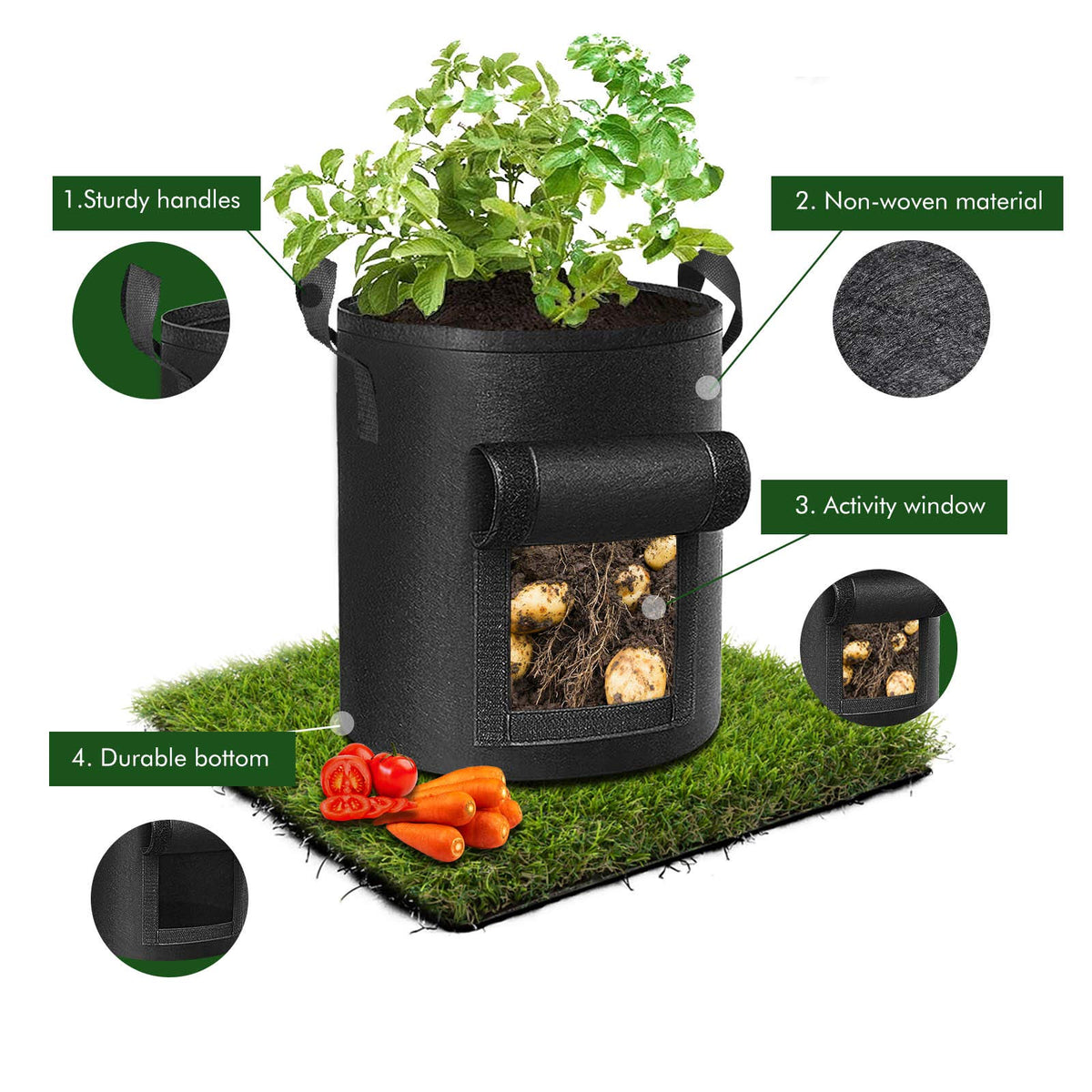 7 Gallon Potato Grow Bags with Handles, 5 Pack – Black
