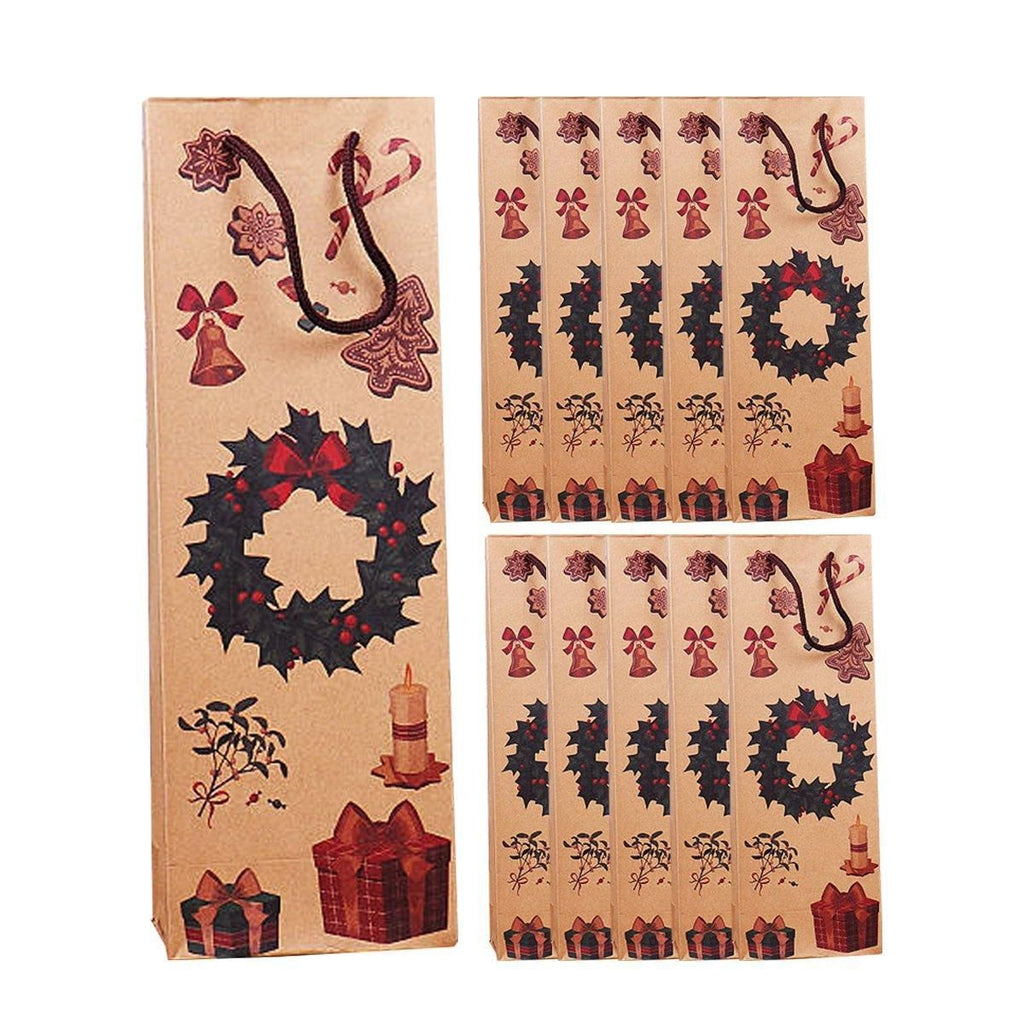 Kraft Paper Christmas Wine Bottle Gift Bags, Wreath – Pack of 20
