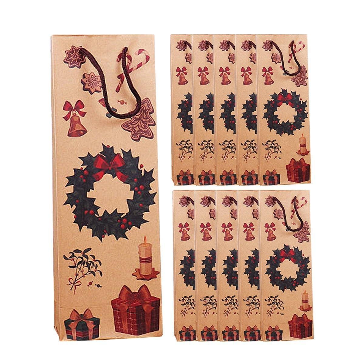 Kraft Paper Christmas Wine Bottle Gift Bags, Wreath – Pack of 20