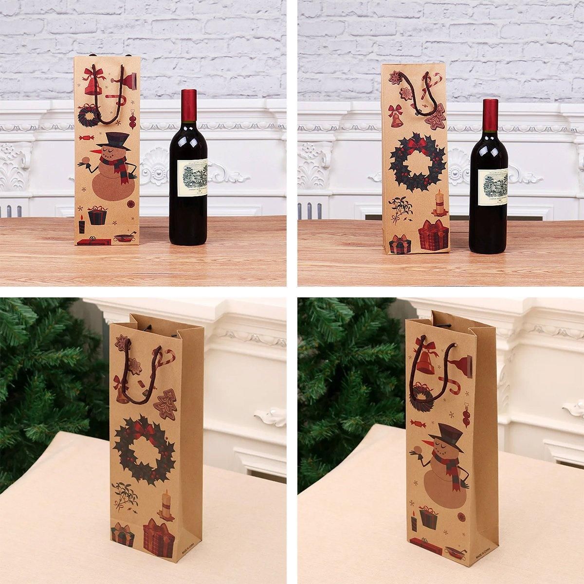 Kraft Paper Christmas Wine Bottle Gift Bags, Wreath – Pack of 20