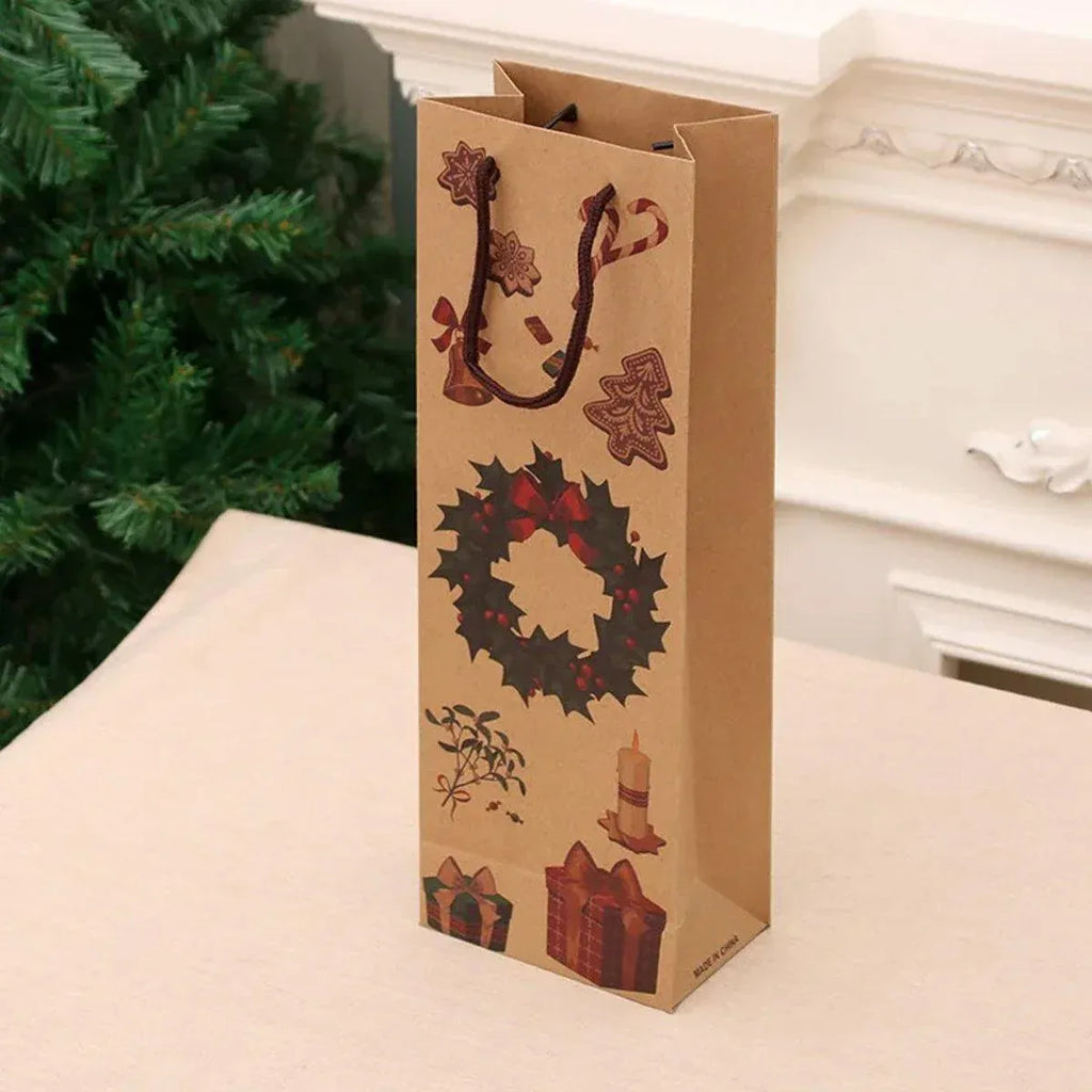 Kraft Paper Christmas Wine Bottle Gift Bags, Wreath – Pack of 20