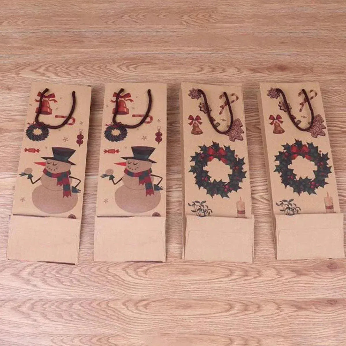 Kraft Paper Christmas Wine Bottle Gift Bags, Wreath – Pack of 20