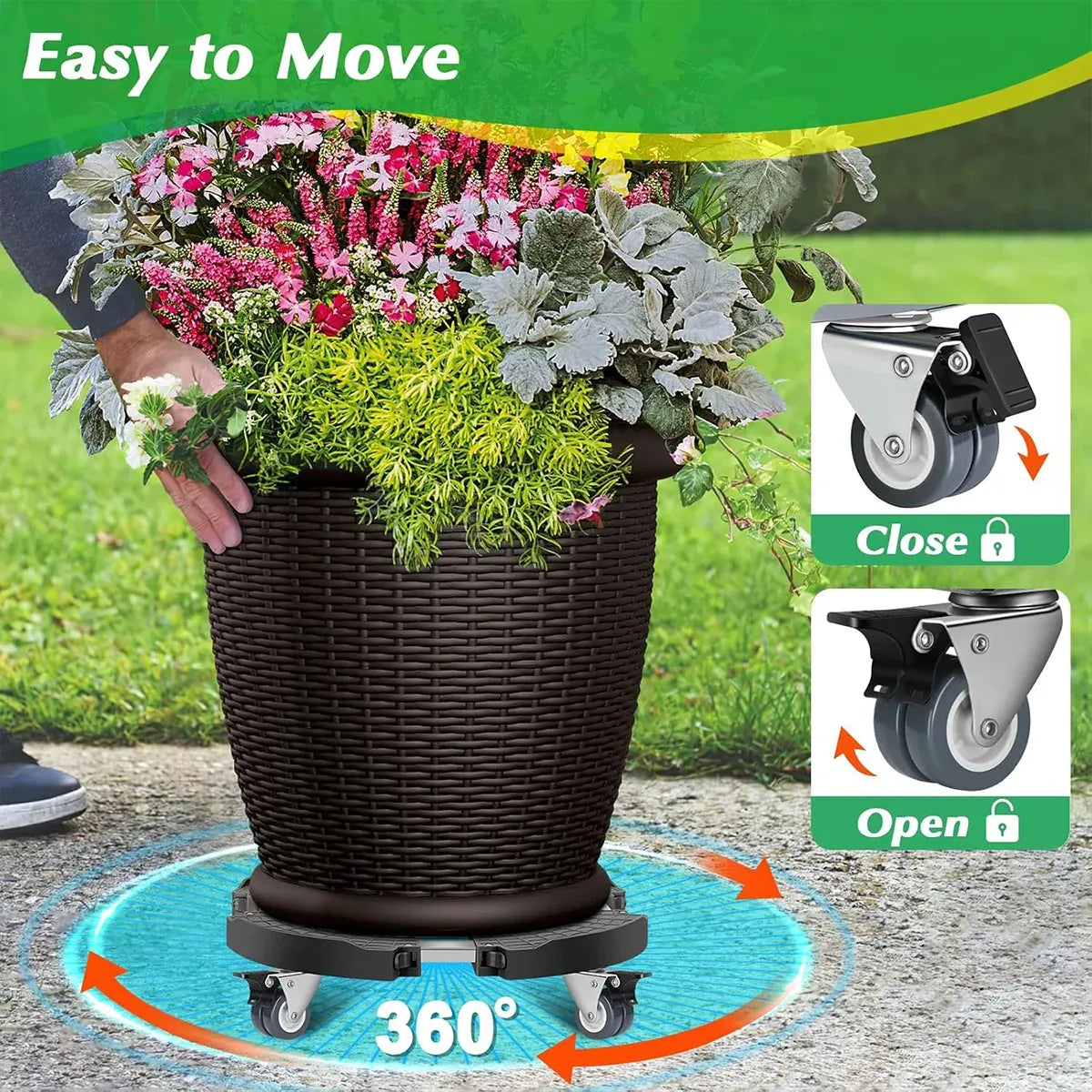 Adjustable Round Plant Caddy with Lockable Wheels, 40–48 cm