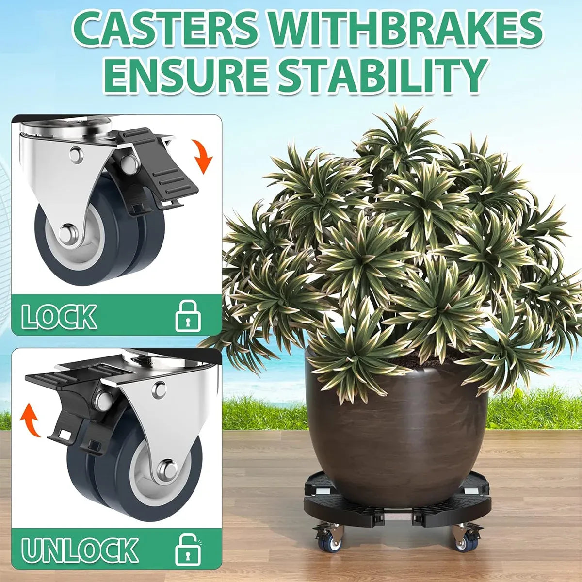 Adjustable Round Plant Caddy with Lockable Wheels, 40–48 cm