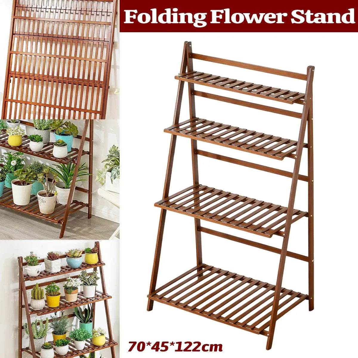 4-Tier Folding Bamboo Plant Stand, 122 cm