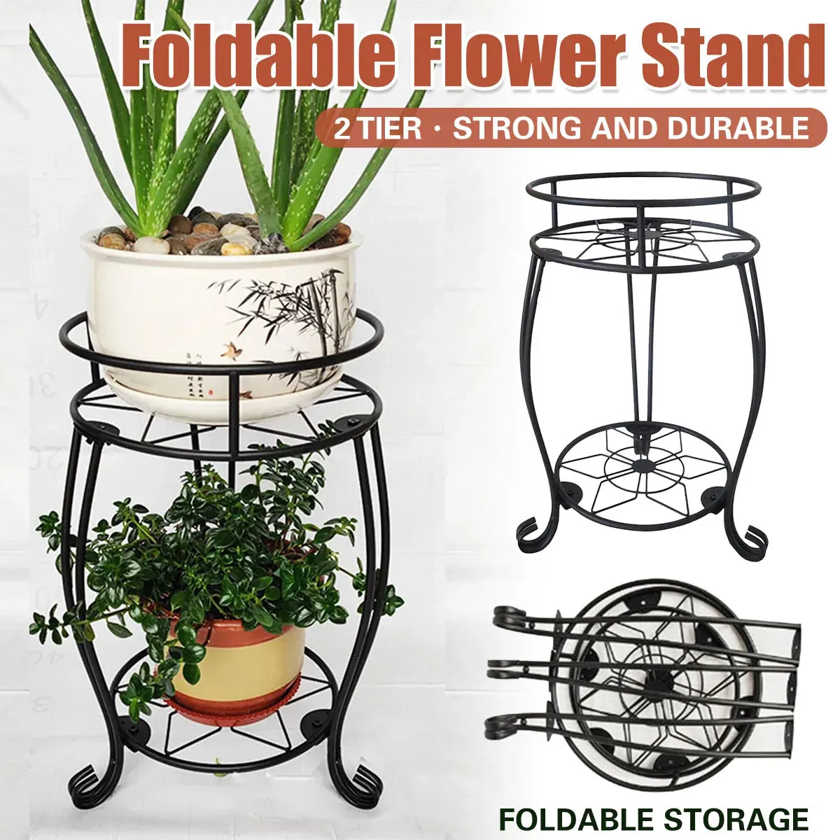 Foldable 2-Tier Metal Plant Stand