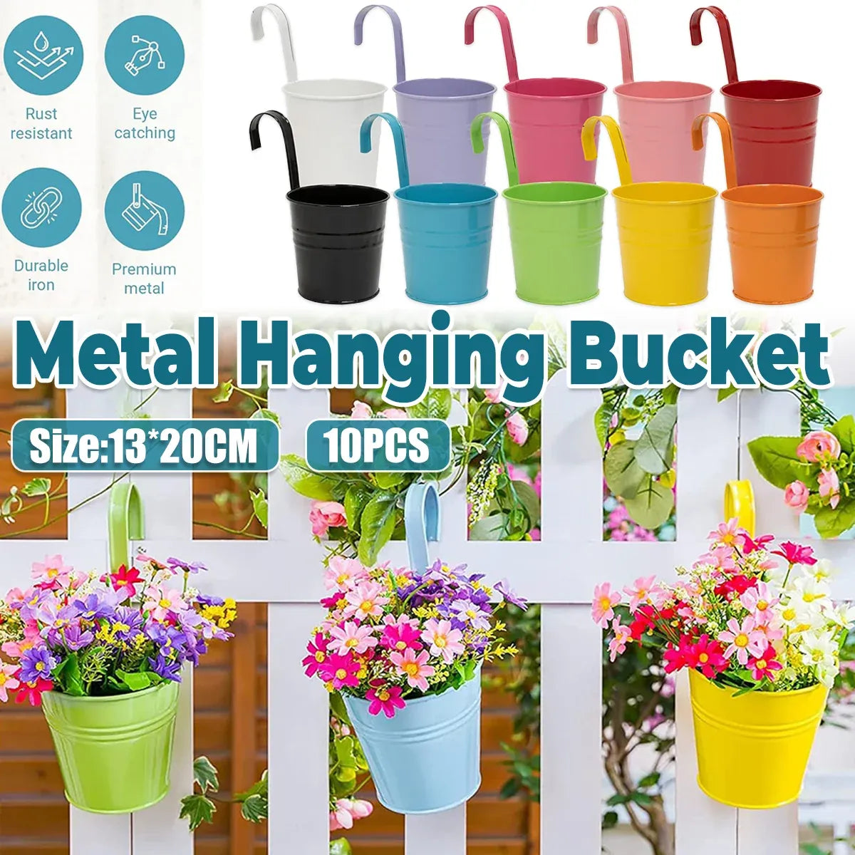Hanging Metal Flower Buckets with Hooks, 13 cm – 10 Pack, Multicolour