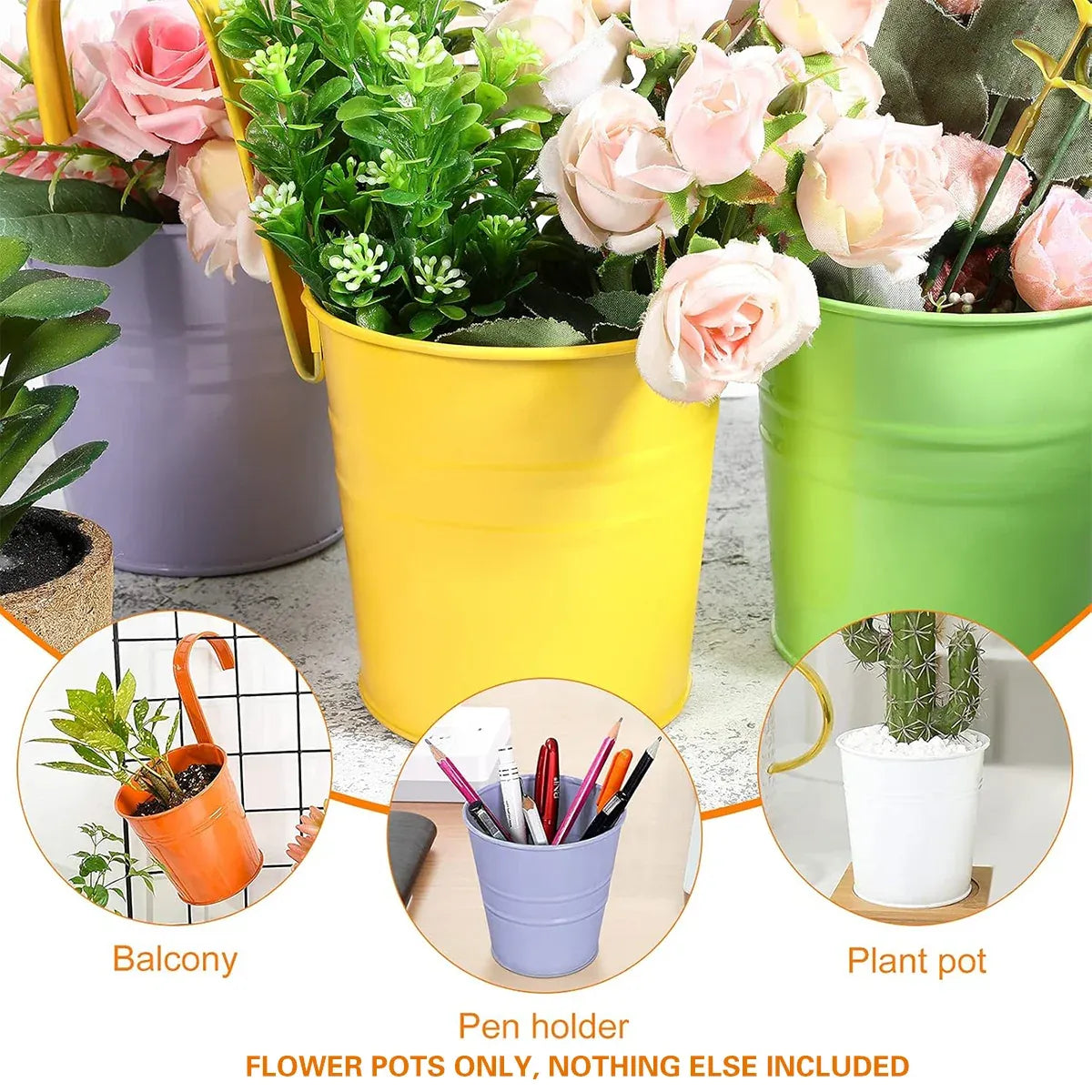 Hanging Metal Flower Buckets with Hooks, 13 cm – 10 Pack, Multicolour