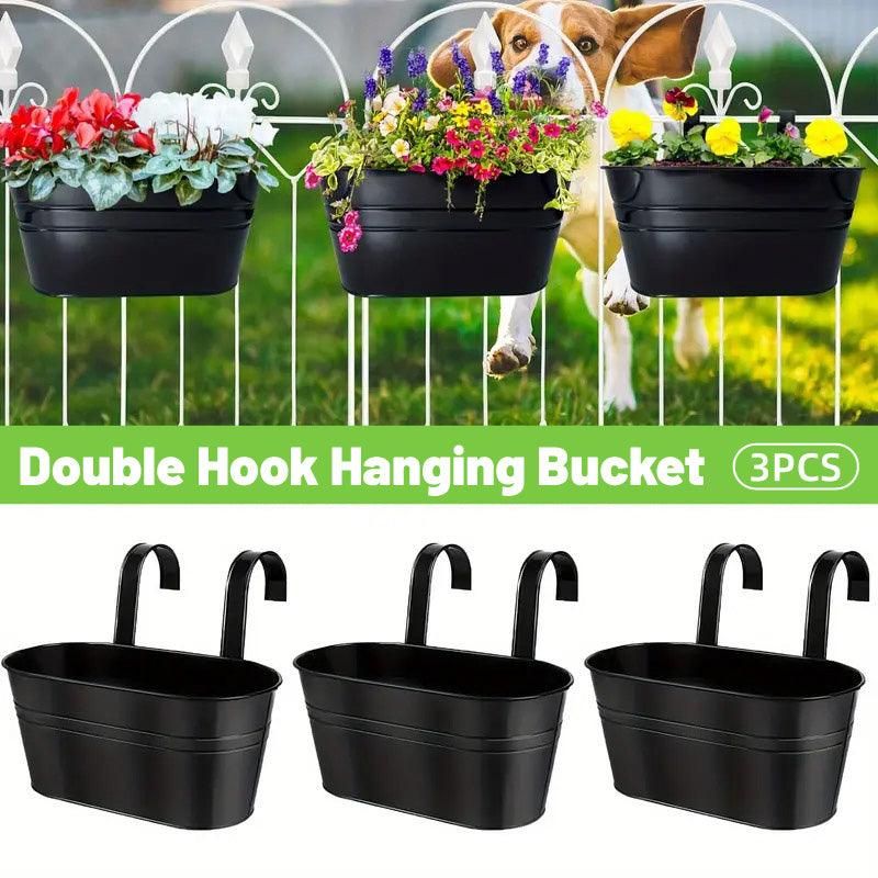 Hanging Rail Planters with Double Hooks, Set of 3 – Black