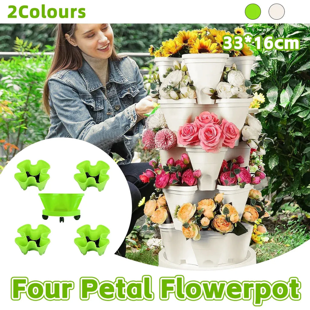 4-Petal Stackable Strawberry Planter with Wheeled Base – 5 Tiers, Beige